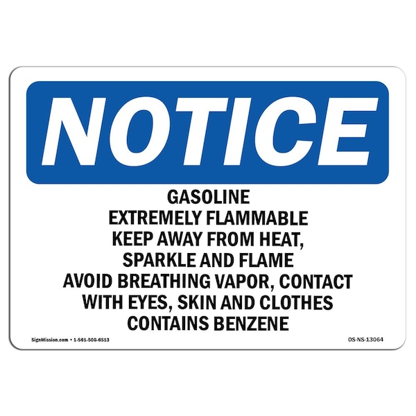 Signmission OSHA Notice Sign, 5" Height, 7" Width, Gasoline Extremely Flammable Keep Away From Sign, Landscape OS-NS-D-57-L-13064 - main
